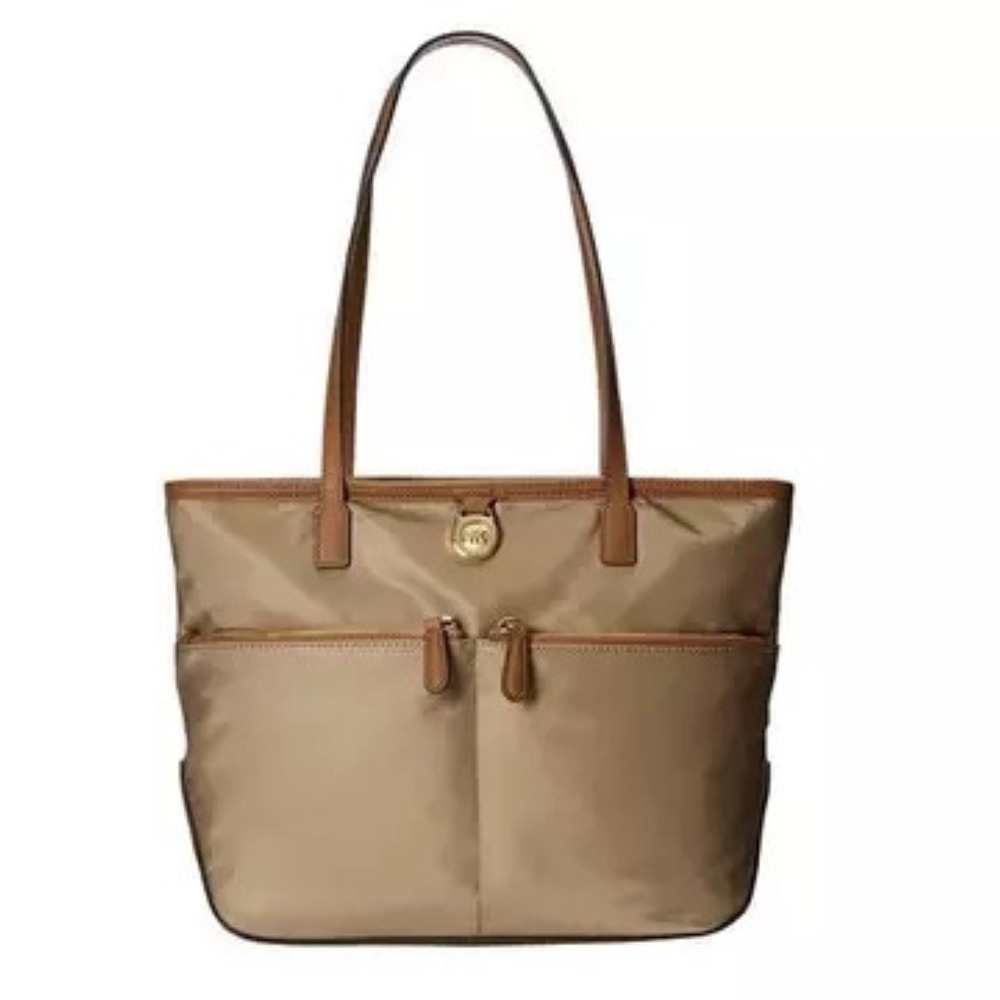 Michael Kors Dusk Kempton Medium Tote Bag‎ Khaki Nylon Leather Trim Gold Logo